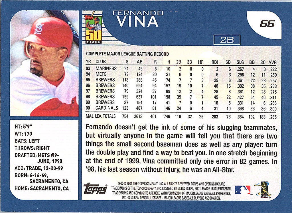 2001 Topps Opening Day Fernando Vina #66 St. Louis Cardinals Excellent