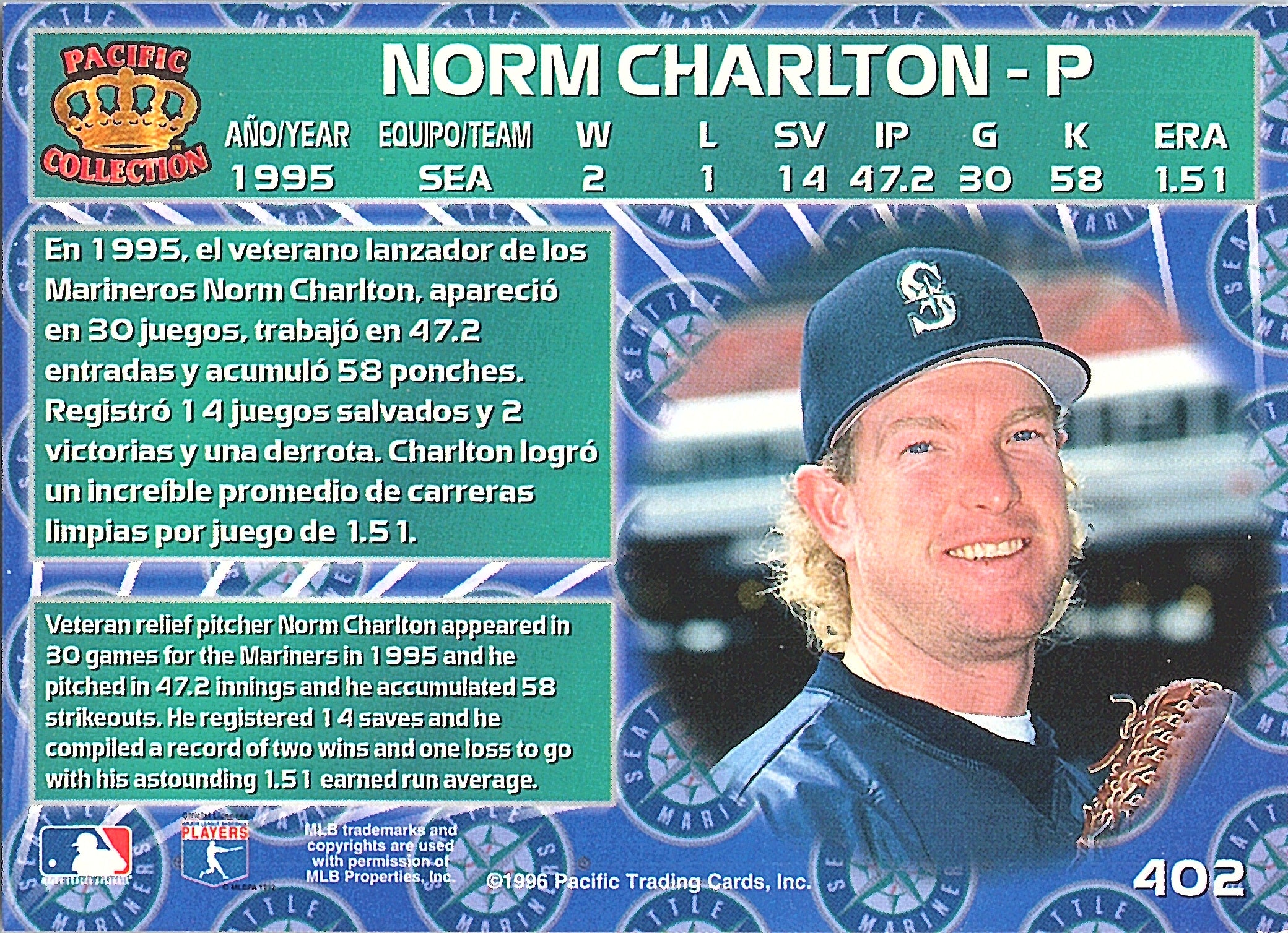 1996 Pacific Crown Collection Norm Charlton #402 Seattle Mariners Excellent