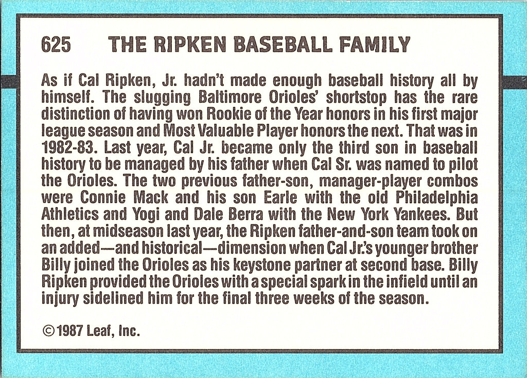 1988 Donruss Billy Ripken / Cal Ripken Sr. / Cal Ripken Jr. #625 Excellent