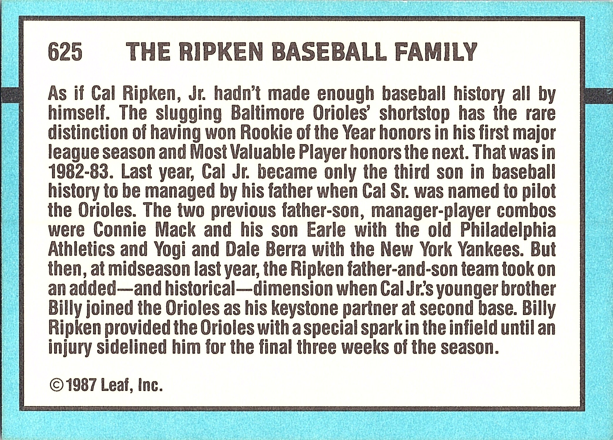 1988 Donruss Billy Ripken / Cal Ripken Sr. / Cal Ripken Jr. #625 Excellent