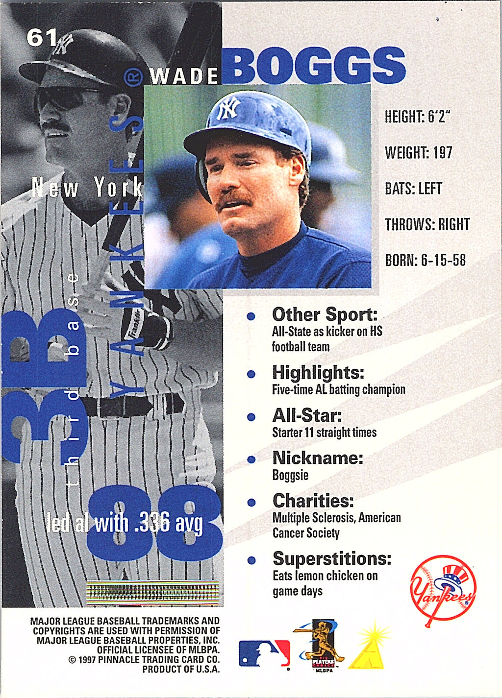 1997 Pinnacle Inside Wade Boggs #61 New York Yankees Excellent