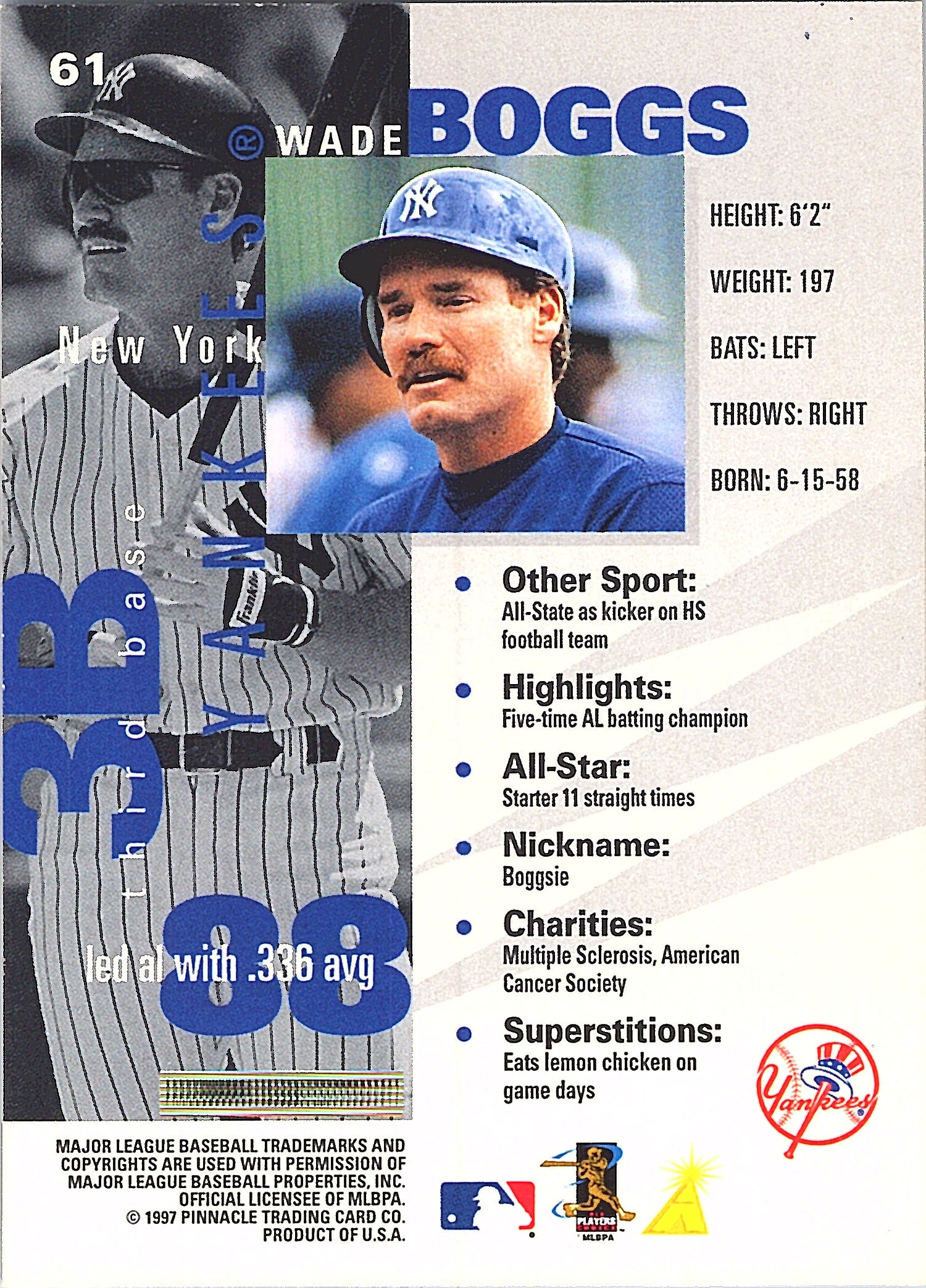 1997 Pinnacle Inside Wade Boggs #61 New York Yankees Excellent