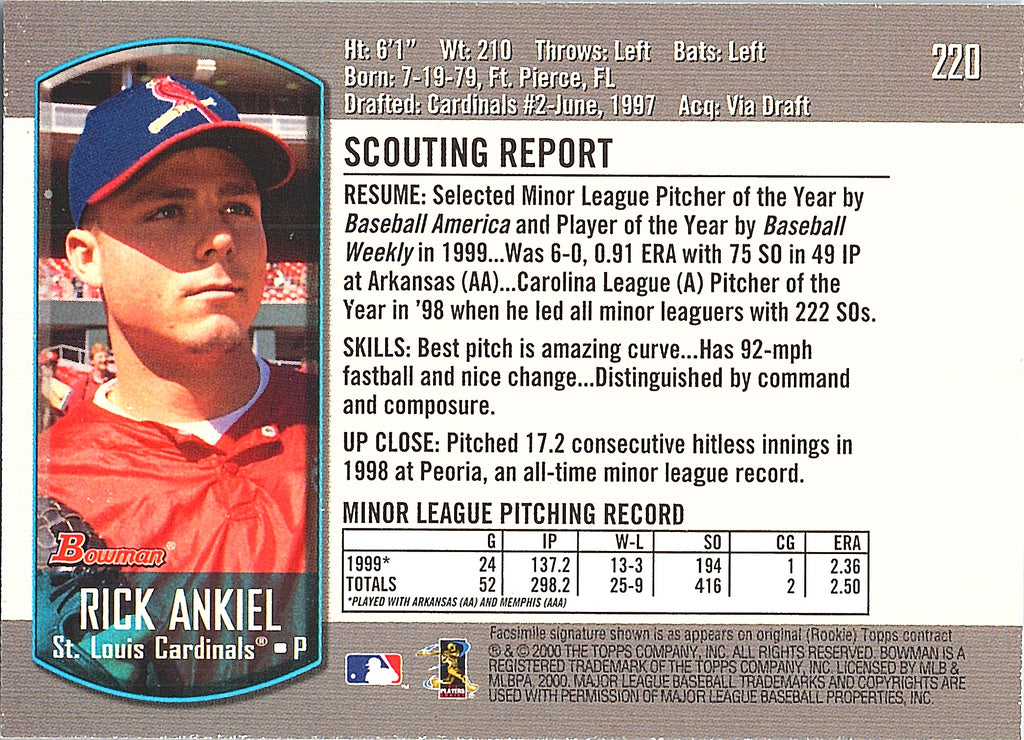 2000 Bowman Rick Ankiel #220 St. Louis Cardinals Excellent