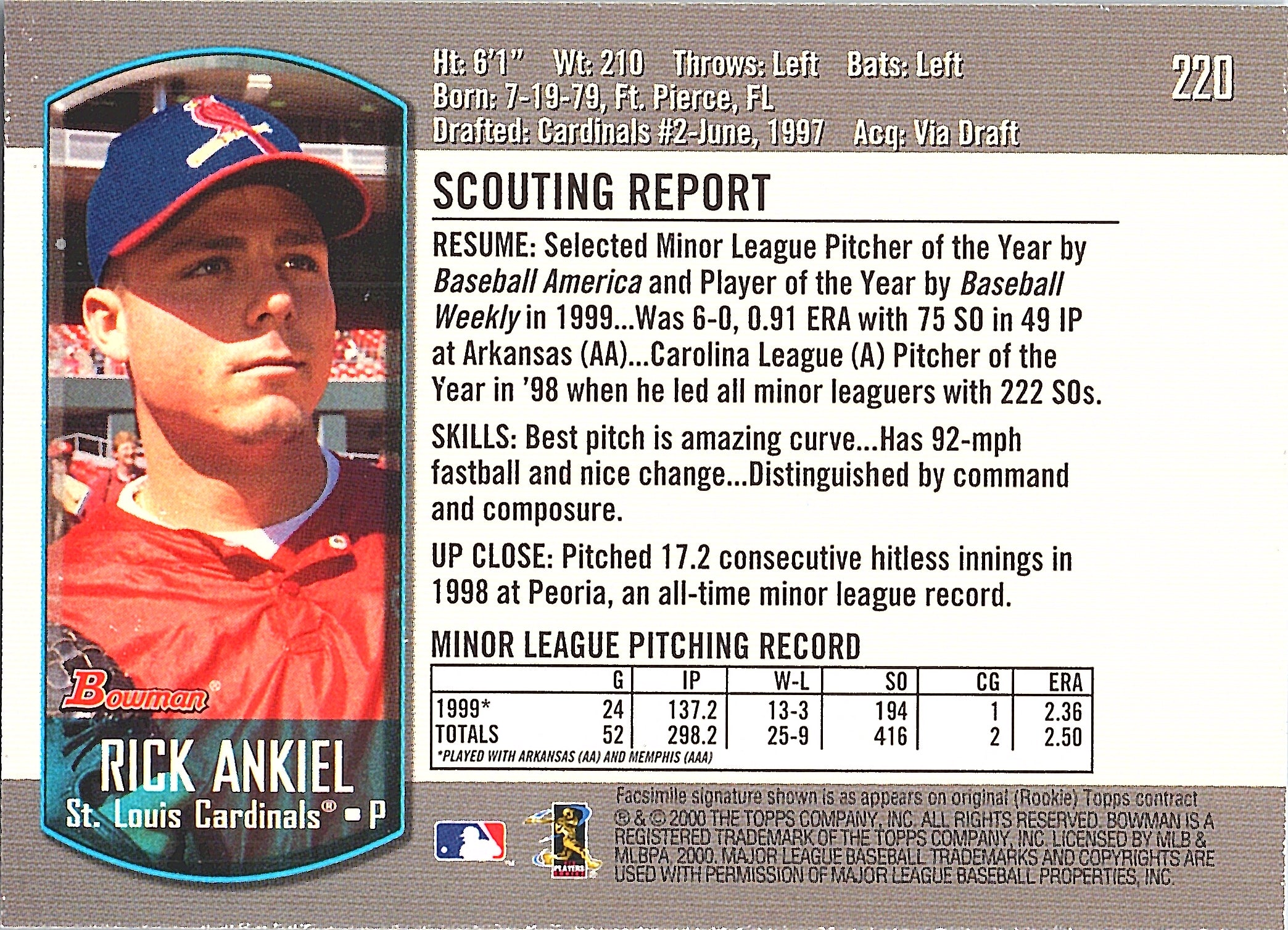 2000 Bowman Rick Ankiel #220 St. Louis Cardinals Excellent