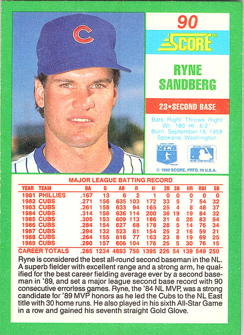 1990 Score Ryne Sandberg #90 Chicago Cubs Excellent