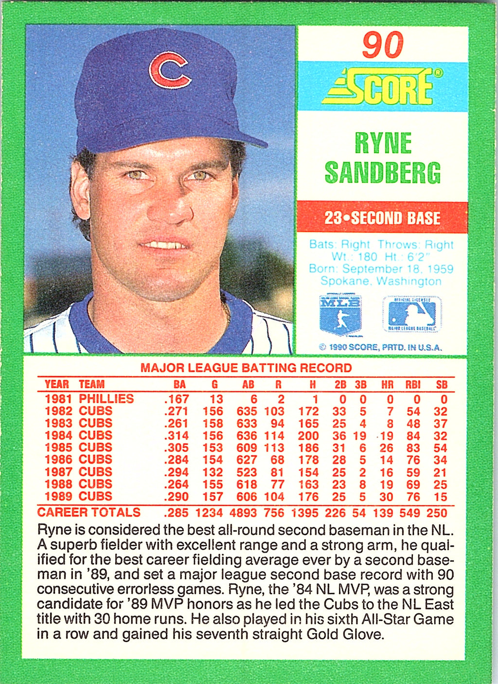 1990 Score Ryne Sandberg #90 Chicago Cubs Excellent