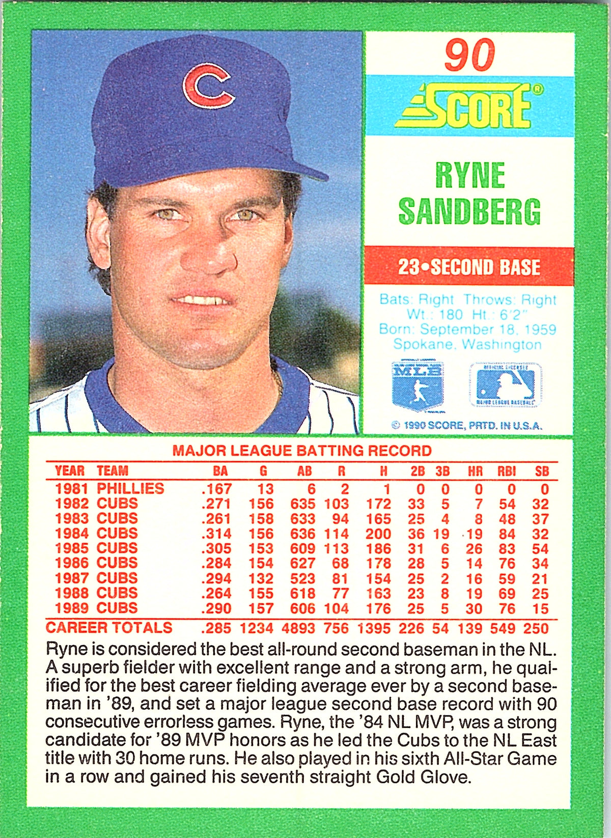 1990 Score Ryne Sandberg #90 Chicago Cubs Excellent