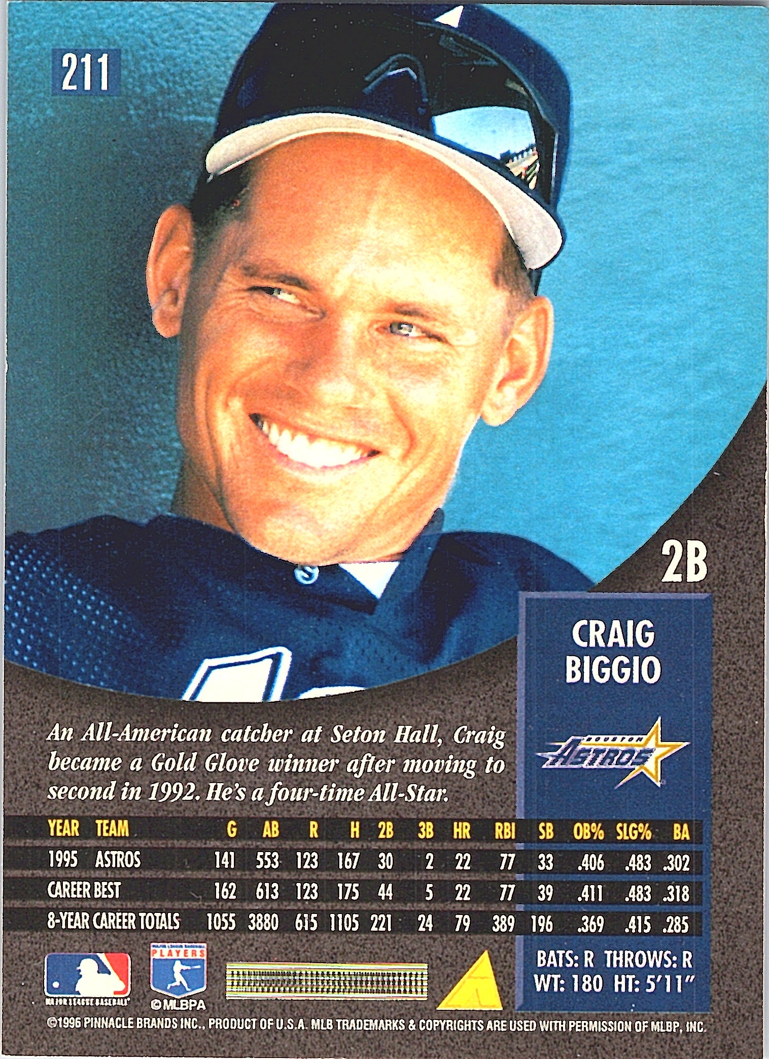 1996 Pinnacle Craig Biggio #211 Houston Astros Excellent