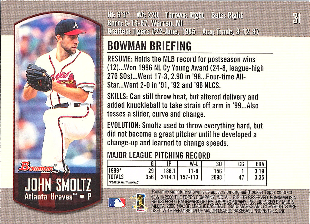 2000 Bowman John Smoltz #31 Atlanta Braves Excellent