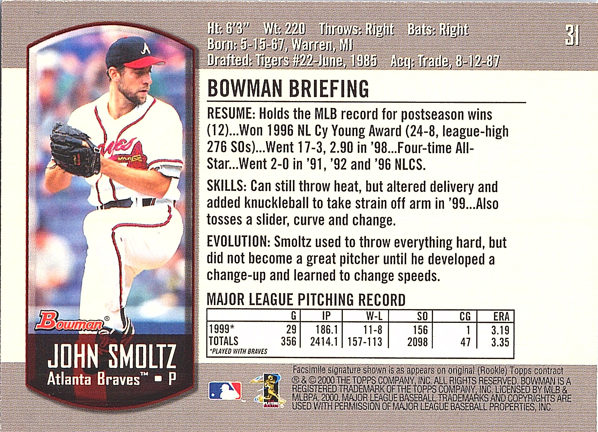 2000 Bowman John Smoltz #31 Atlanta Braves Excellent