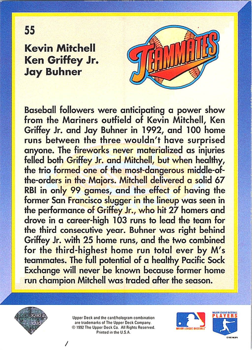 1993 UD Pacific Sock Exchange Ken Griffey Jr. Jay Buhner Kevin Mitchell #55