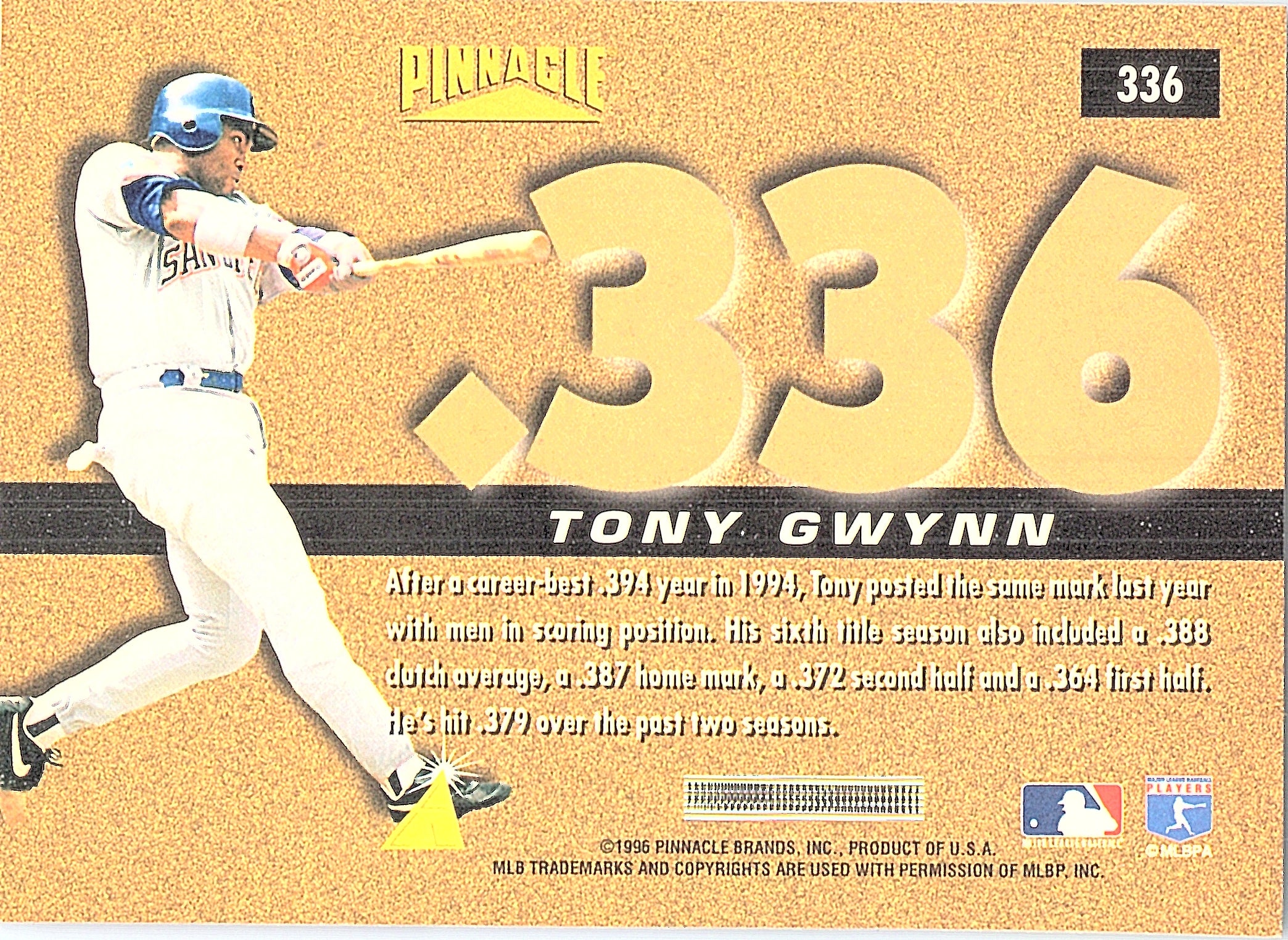 1996 Pinnacle Tony Gwynn #336 San Diego Padres Excellent