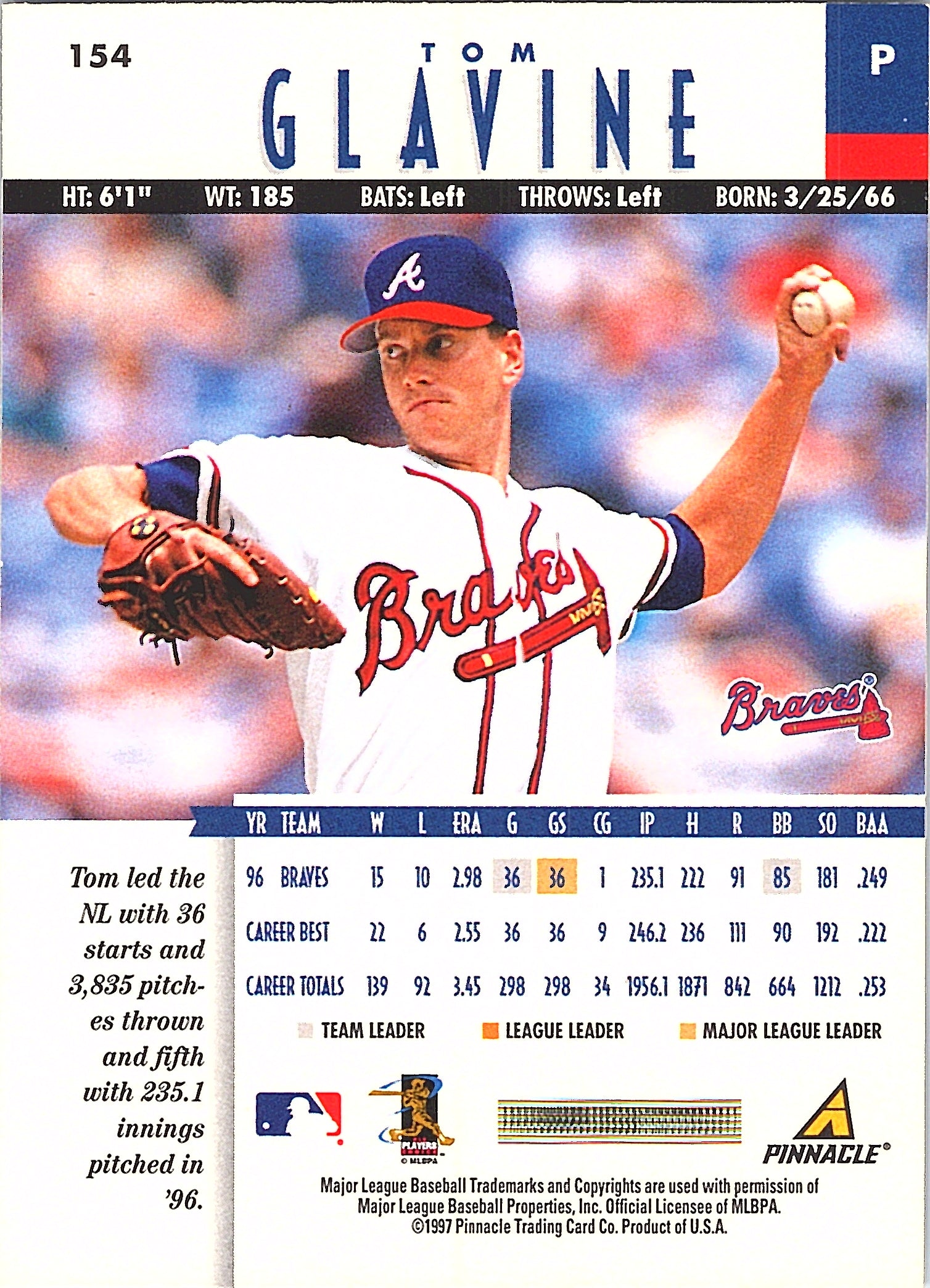 1997 Pinnacle Tom Glavine #154 Atlanta Braves Excellent