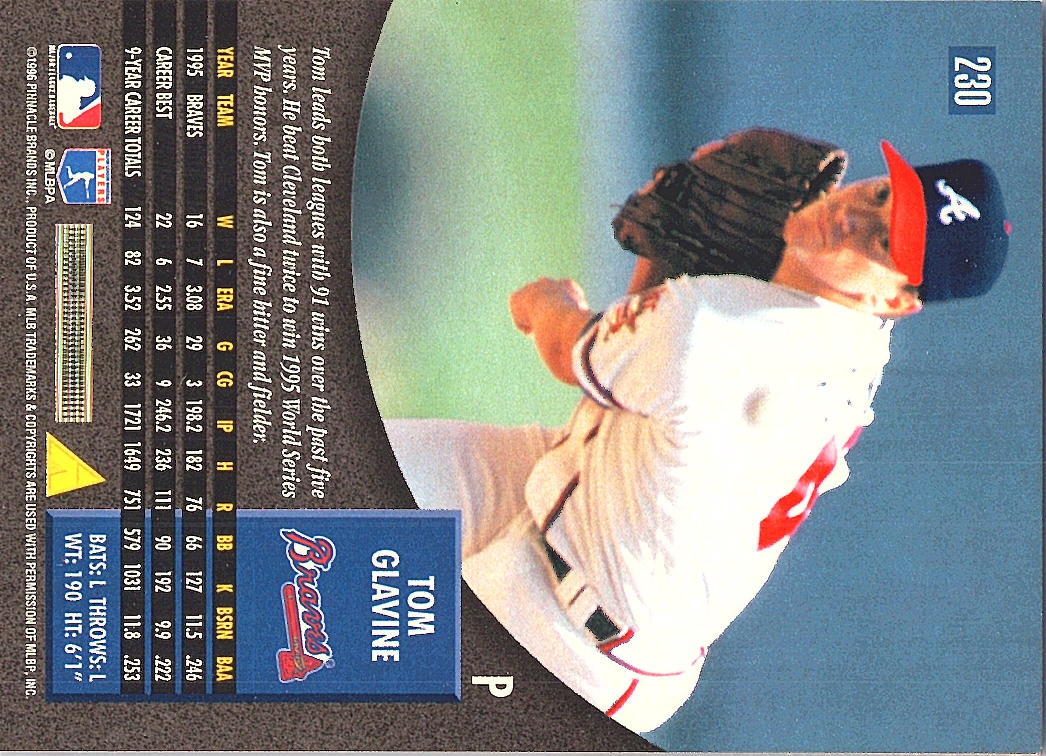 1996 Pinnacle Tom Glavine #230 Atlanta Braves Excellent