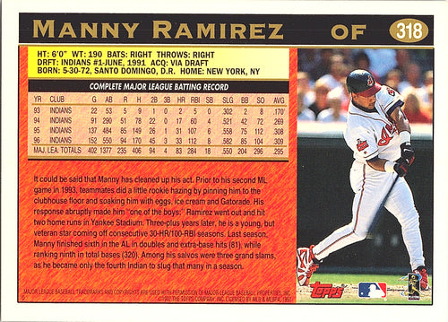 1997 Topps Manny Ramirez #318 Cleveland Indians Excellent
