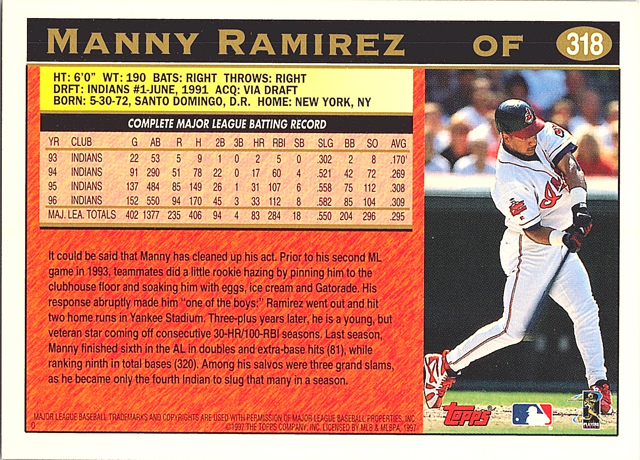 1997 Topps Manny Ramirez #318 Cleveland Indians Excellent