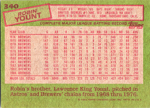 1985 Topps Robin Yount #340 Milwaukee Brewers Excellent
