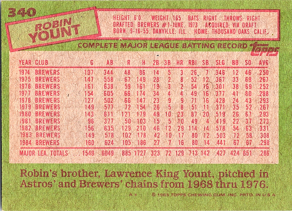 1985 Topps Robin Yount #340 Milwaukee Brewers Excellent