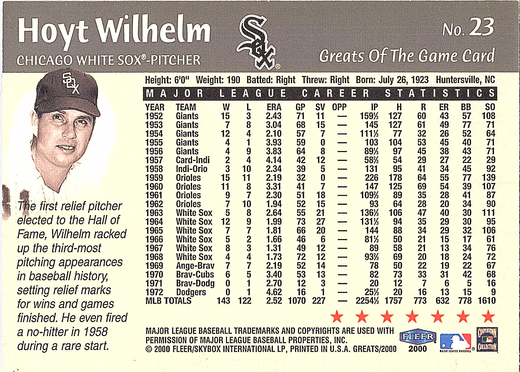 2000 Fleer Greats of the Game Hoyt Wilhelm #23 Chicago White Sox Excellent