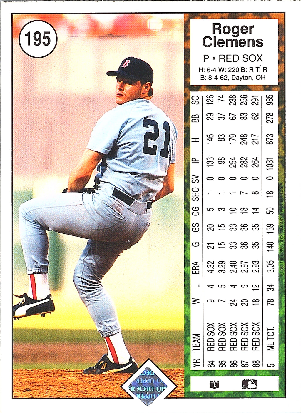 1989 Upper Deck Roger Clemens #195 Boston Red Sox Excellent