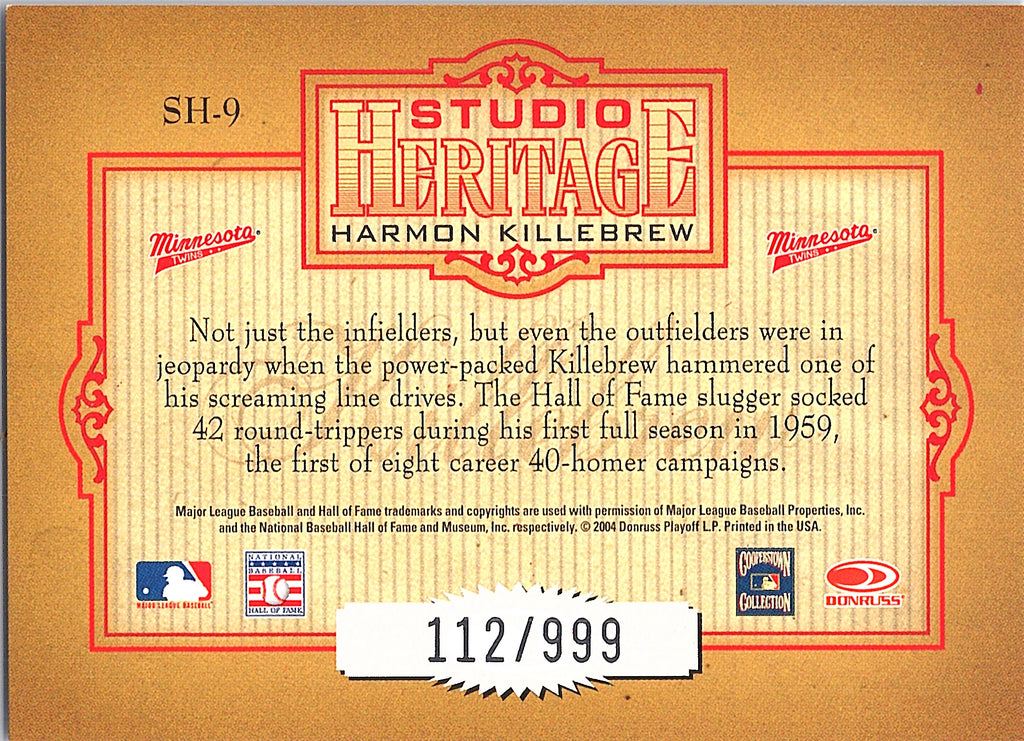 2004 Donruss Studio Harmon Killebrew #SH-9 Minnesota Twins /999 NM