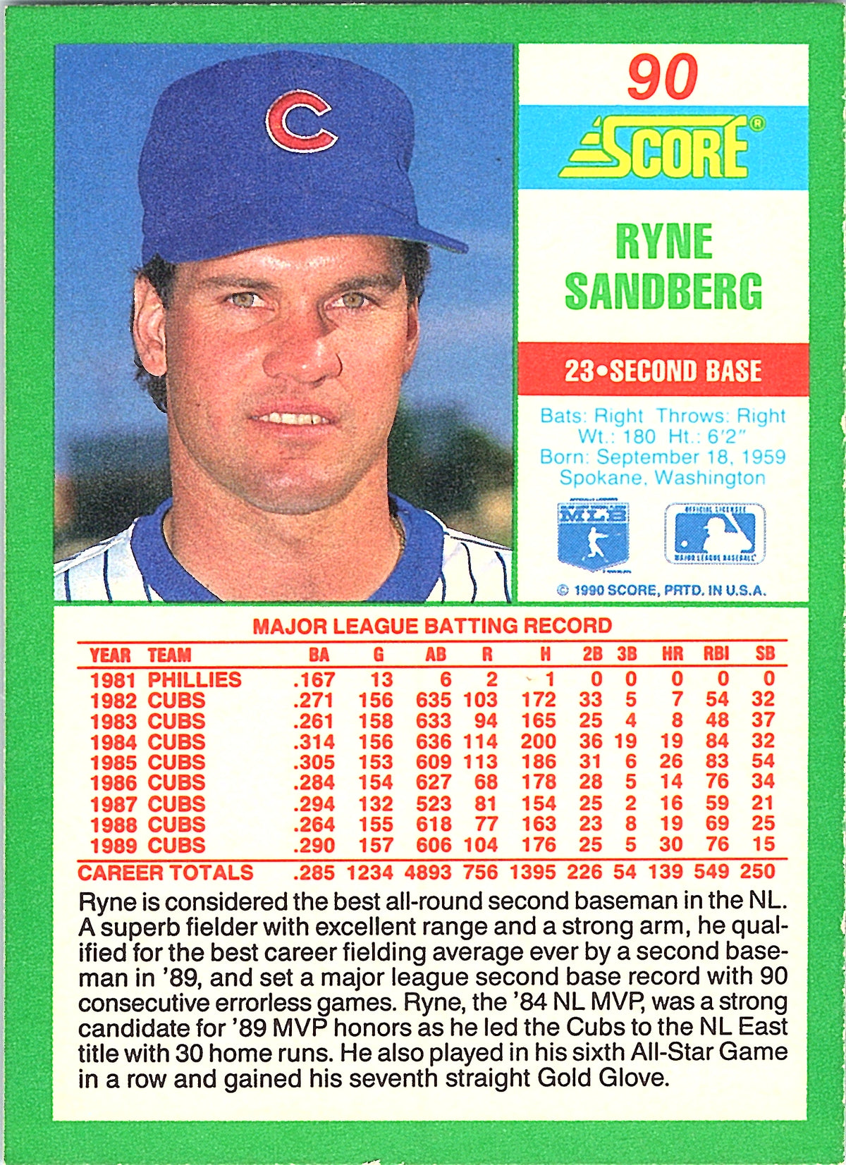 1990 Score Ryne Sandberg #90 Chicago Cubs Excellent