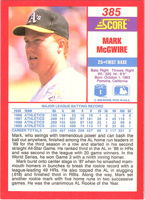 1990 Score Mark McGwire #385 Oakland Athletics Excellent