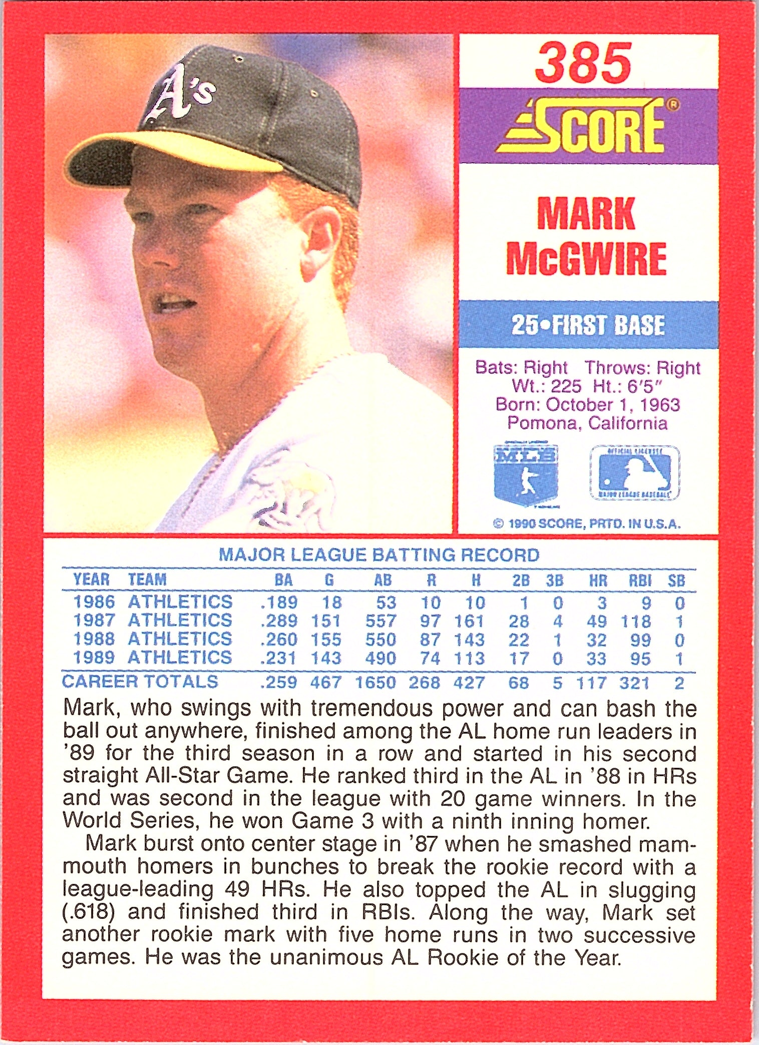 1990 Score Mark McGwire #385 Oakland Athletics Excellent