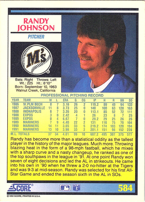 1992 Score Randy Johnson #584 Seattle Mariners Excellent