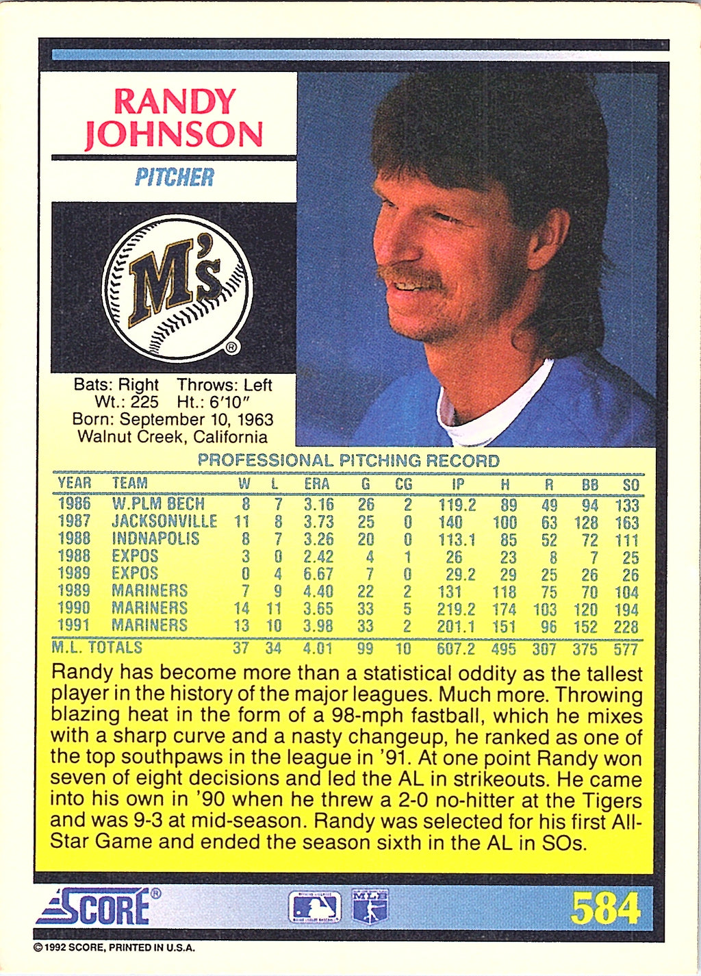 1992 Score Randy Johnson #584 Seattle Mariners Excellent