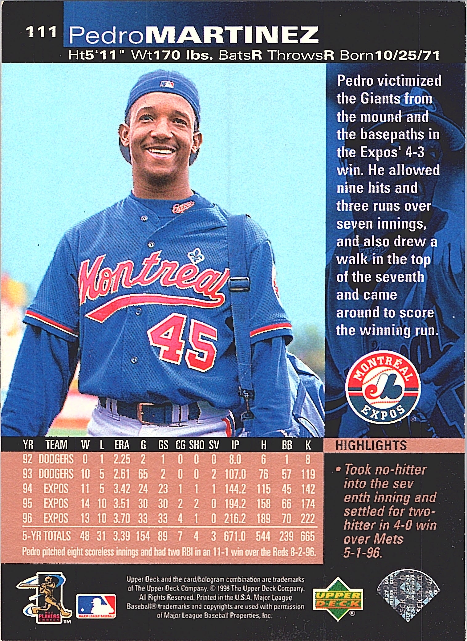 1997 Upper Deck Pedro Martinez #111 Montreal Expos Excellent