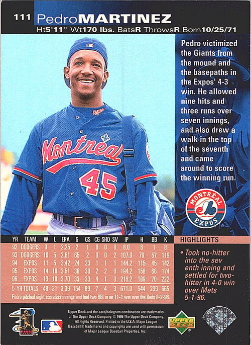 1997 Upper Deck Pedro Martinez #111 Montreal Expos Excellent