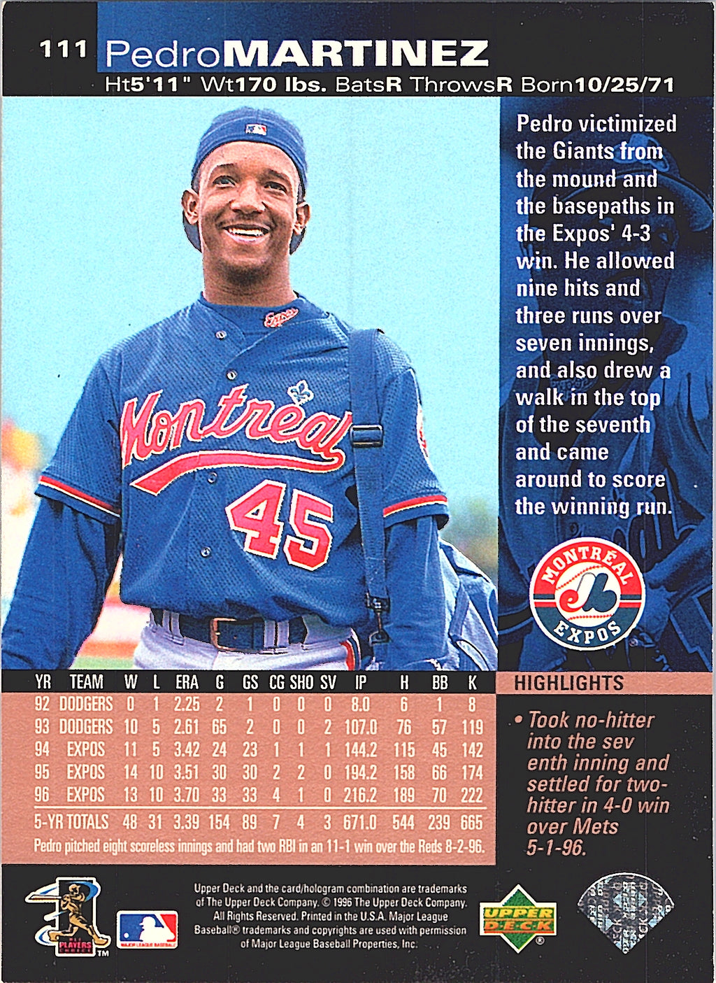 1997 Upper Deck Pedro Martinez #111 Montreal Expos Excellent
