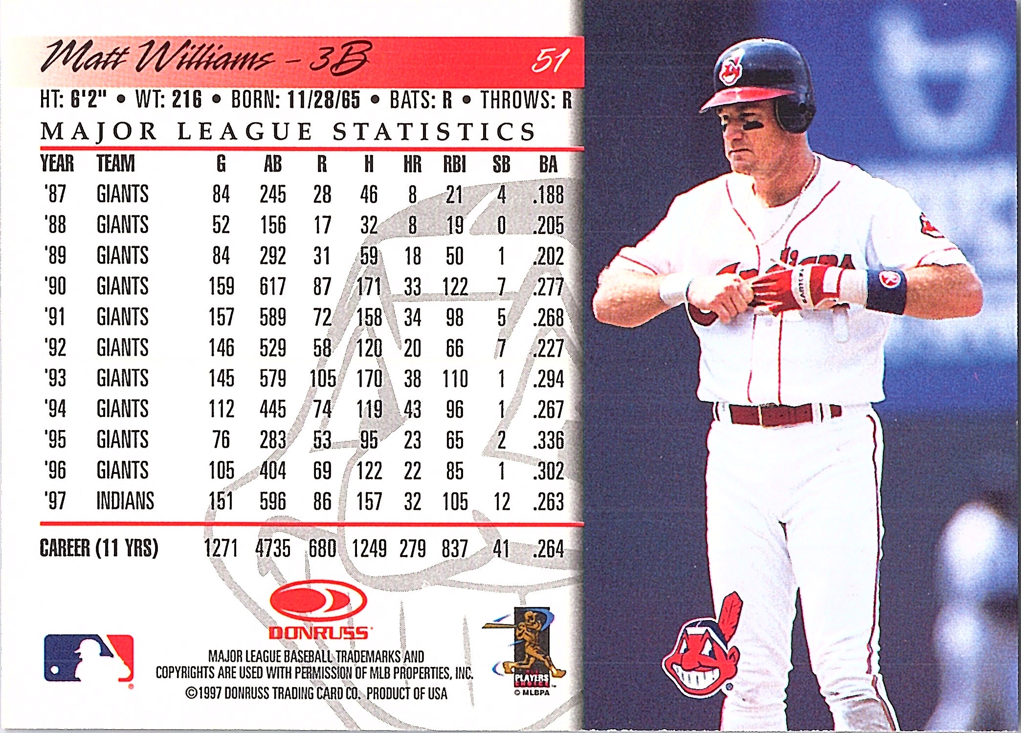 1998 Donruss Matt Williams #51 Cleveland Indians Excellent