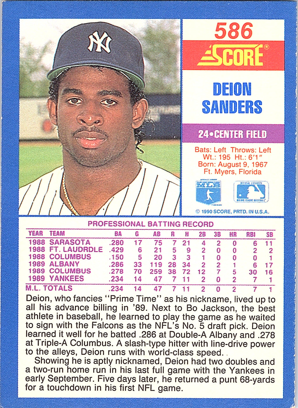 1990 Score Deion Sanders #586 New York Yankees Excellent
