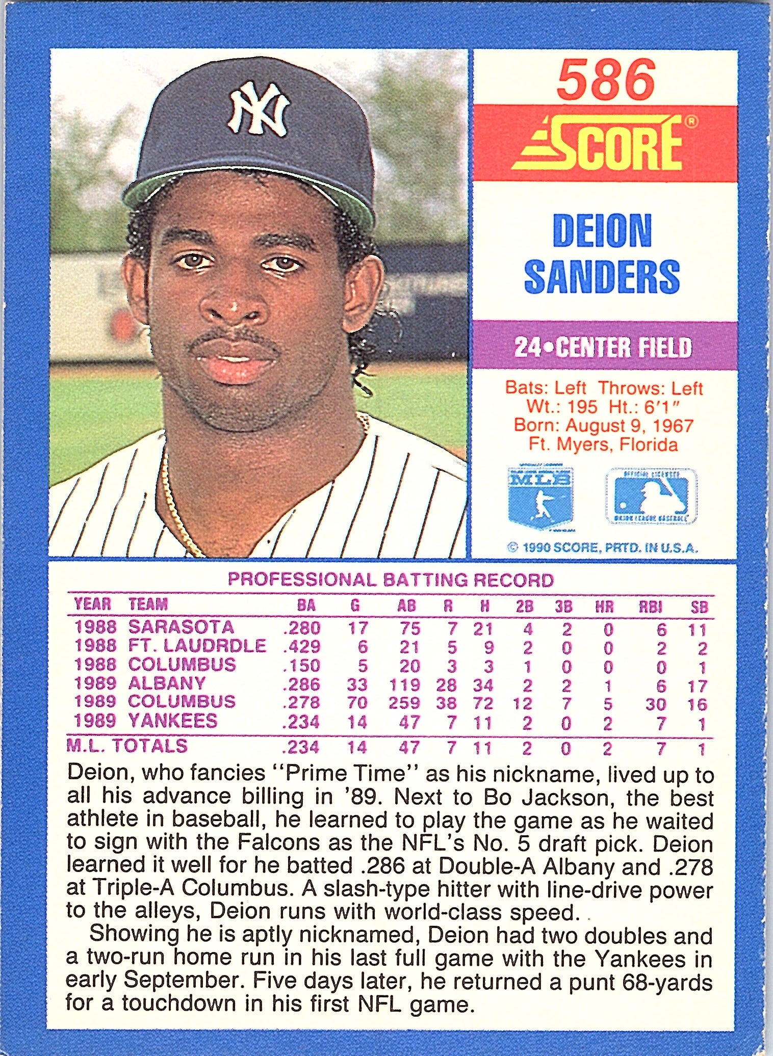 1990 Score Deion Sanders #586 New York Yankees Excellent