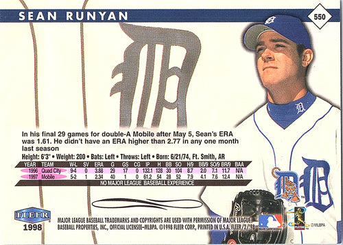 1998 Fleer Tradition Sean Runyan #550 Detroit Tigers Excellent