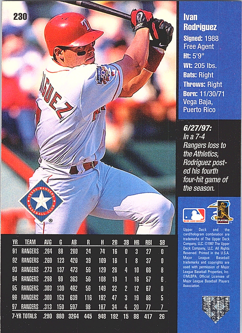 1998 Upper Deck Ivan Rodriguez #230 Texas Rangers Excellent