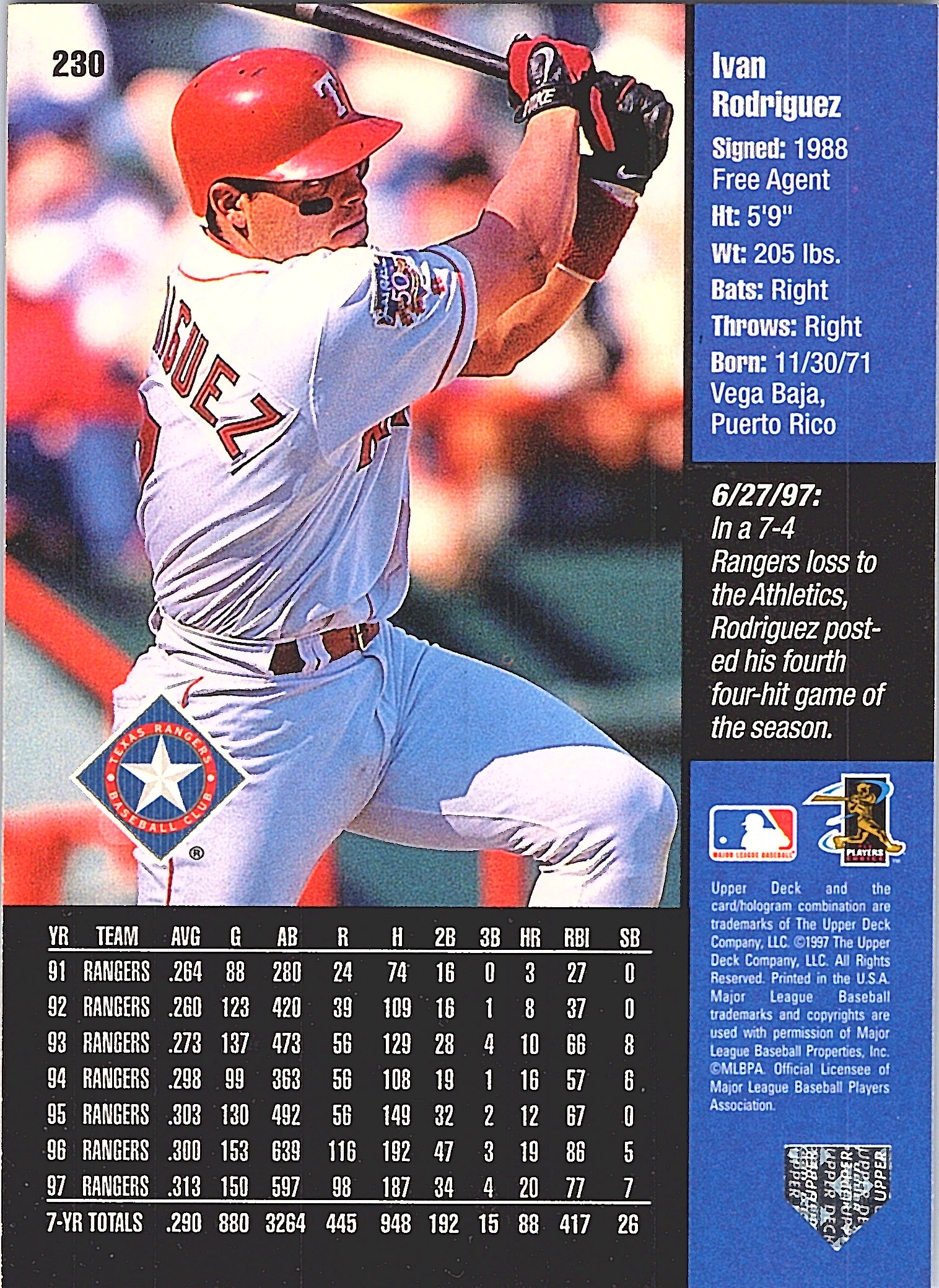 1998 Upper Deck Ivan Rodriguez #230 Texas Rangers Excellent