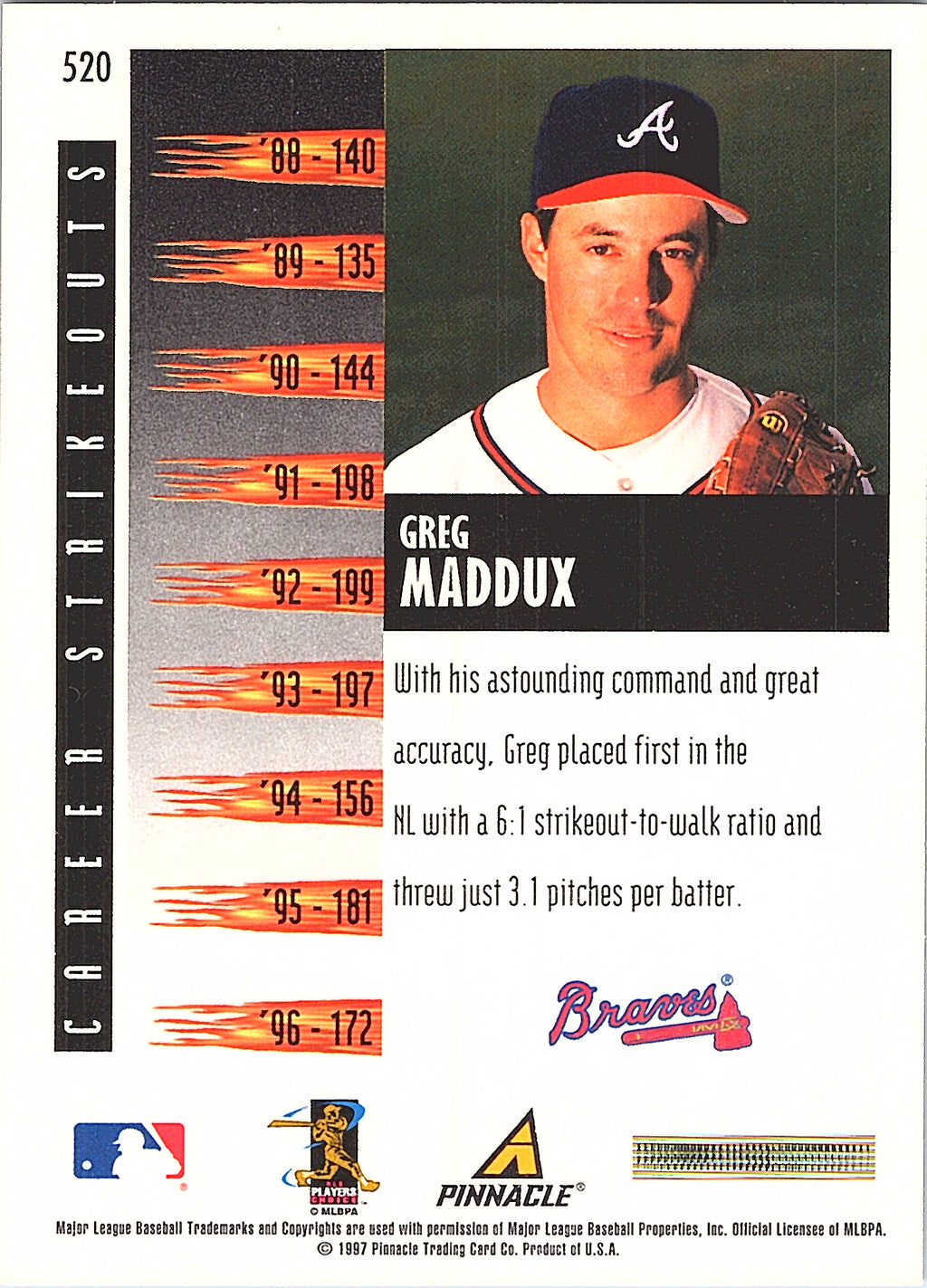 1997 Score Greg Maddux #520 Atlanta Braves Excellent