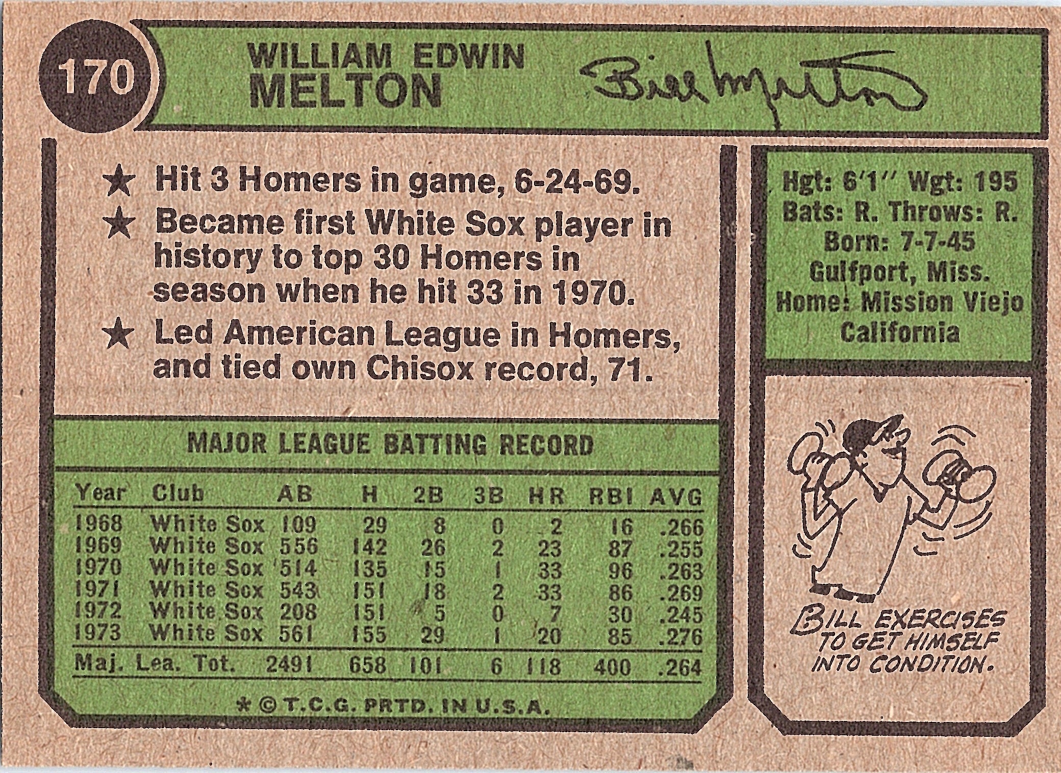 1974 Topps Bill Melton #170 Chicago White Sox Excellent