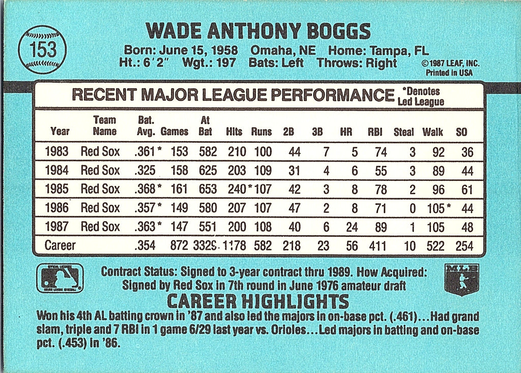 1988 Donruss Wade Boggs #153b Boston Red Sox Excellent