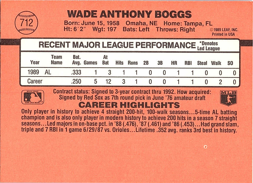 1990 Donruss Wade Boggs #712c Boston Red Sox Excellent