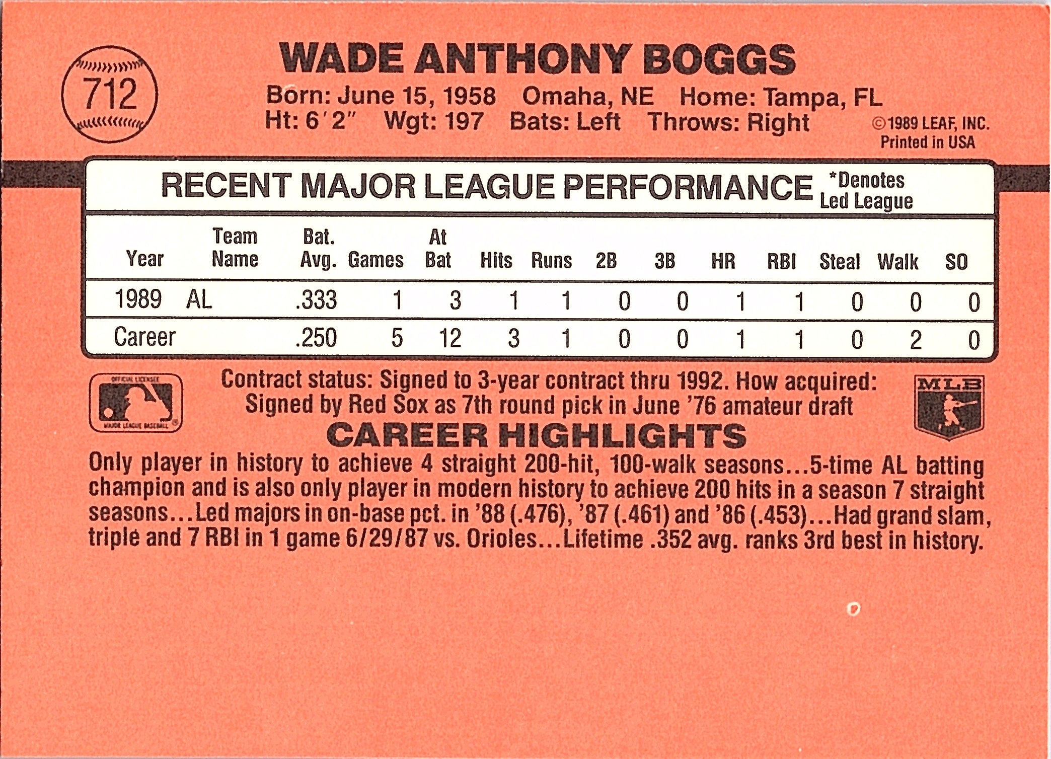 1990 Donruss Wade Boggs #712c Boston Red Sox Excellent