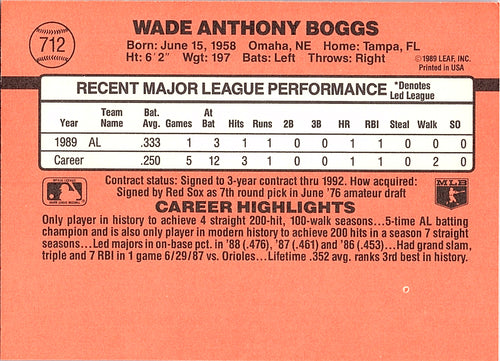 1990 Donruss Wade Boggs #712c Boston Red Sox Excellent