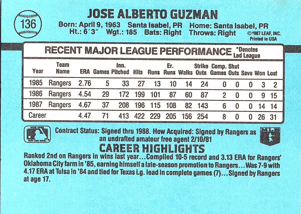 1988 Donruss Jose Guzman #136 Texas Rangers Excellent