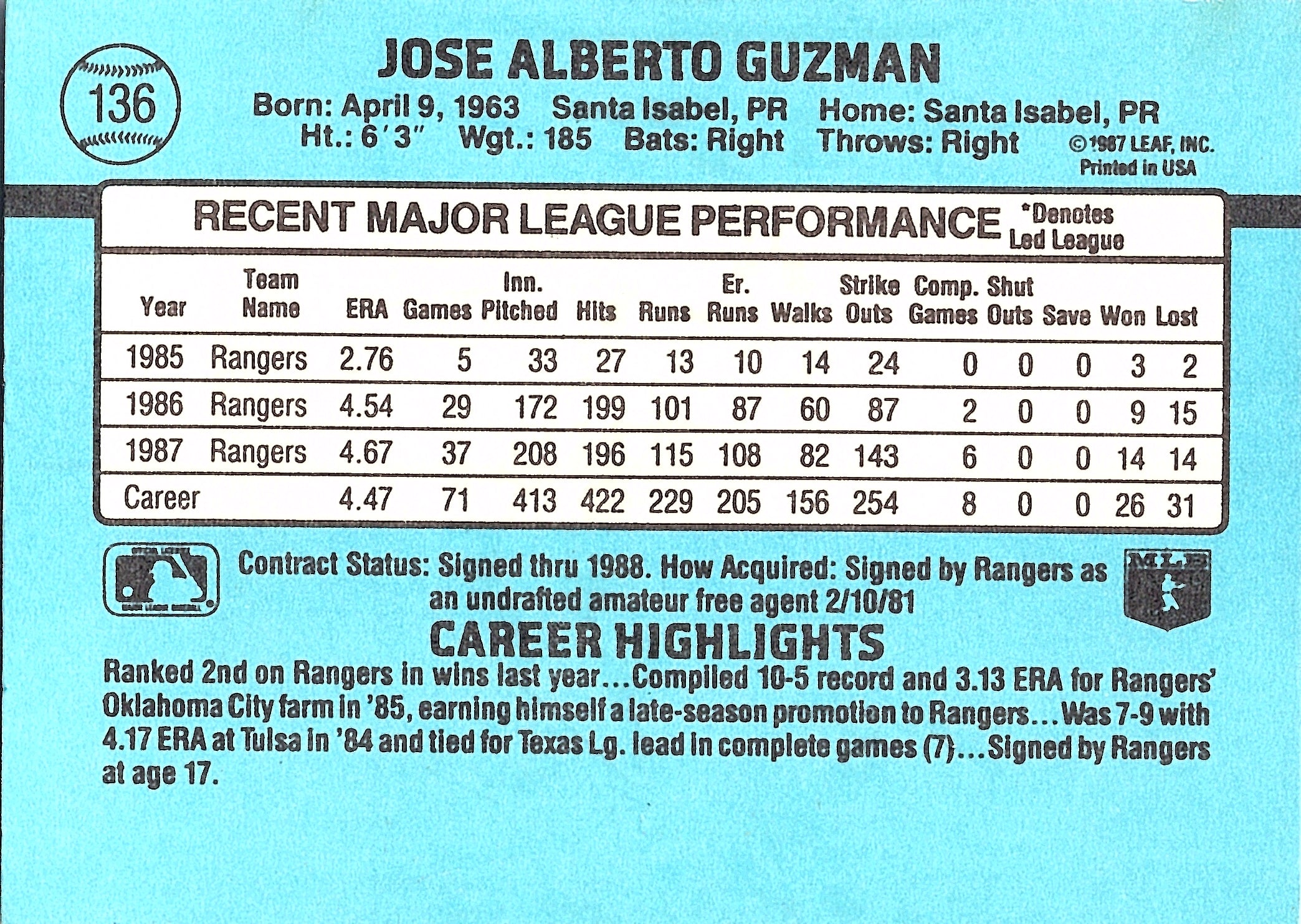 1988 Donruss Jose Guzman #136 Texas Rangers Excellent
