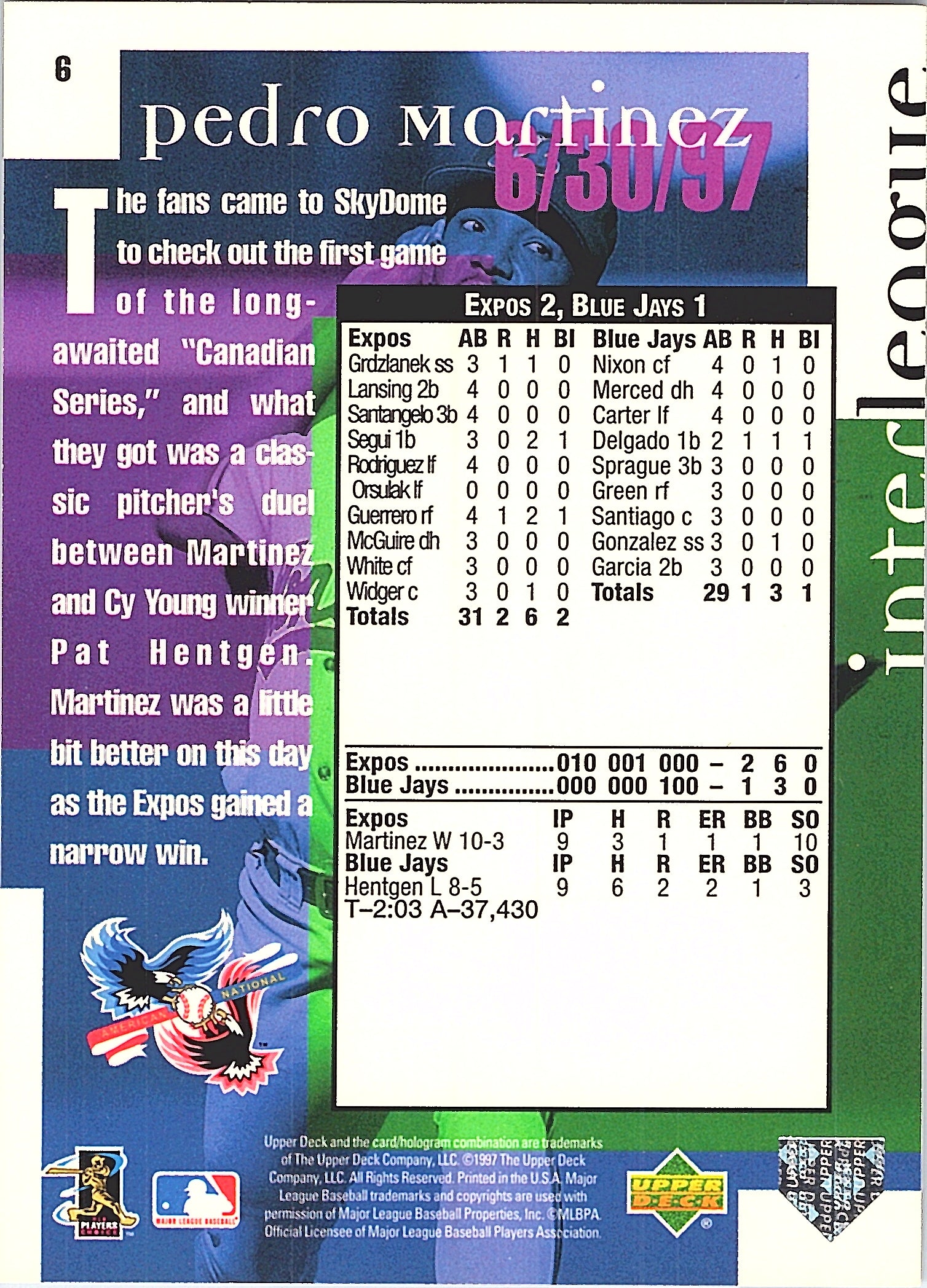 1998 Upper Deck Pedro Martinez #6 Montreal Expos Excellent