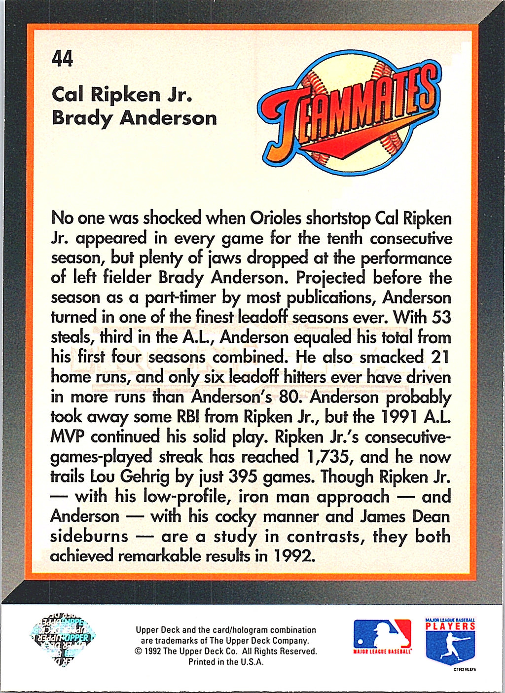 1993 Upper Deck Cal Ripken Jr. / Brady Anderson #44 Baltimore Orioles Excellent