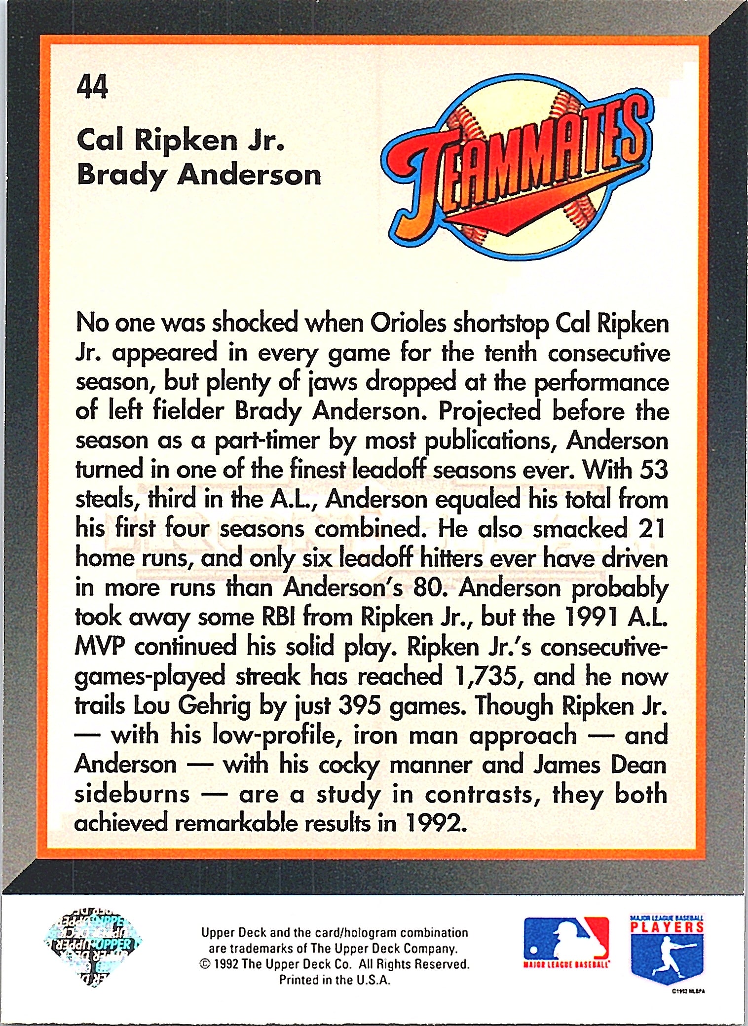 1993 Upper Deck Cal Ripken Jr. / Brady Anderson #44 Baltimore Orioles Excellent